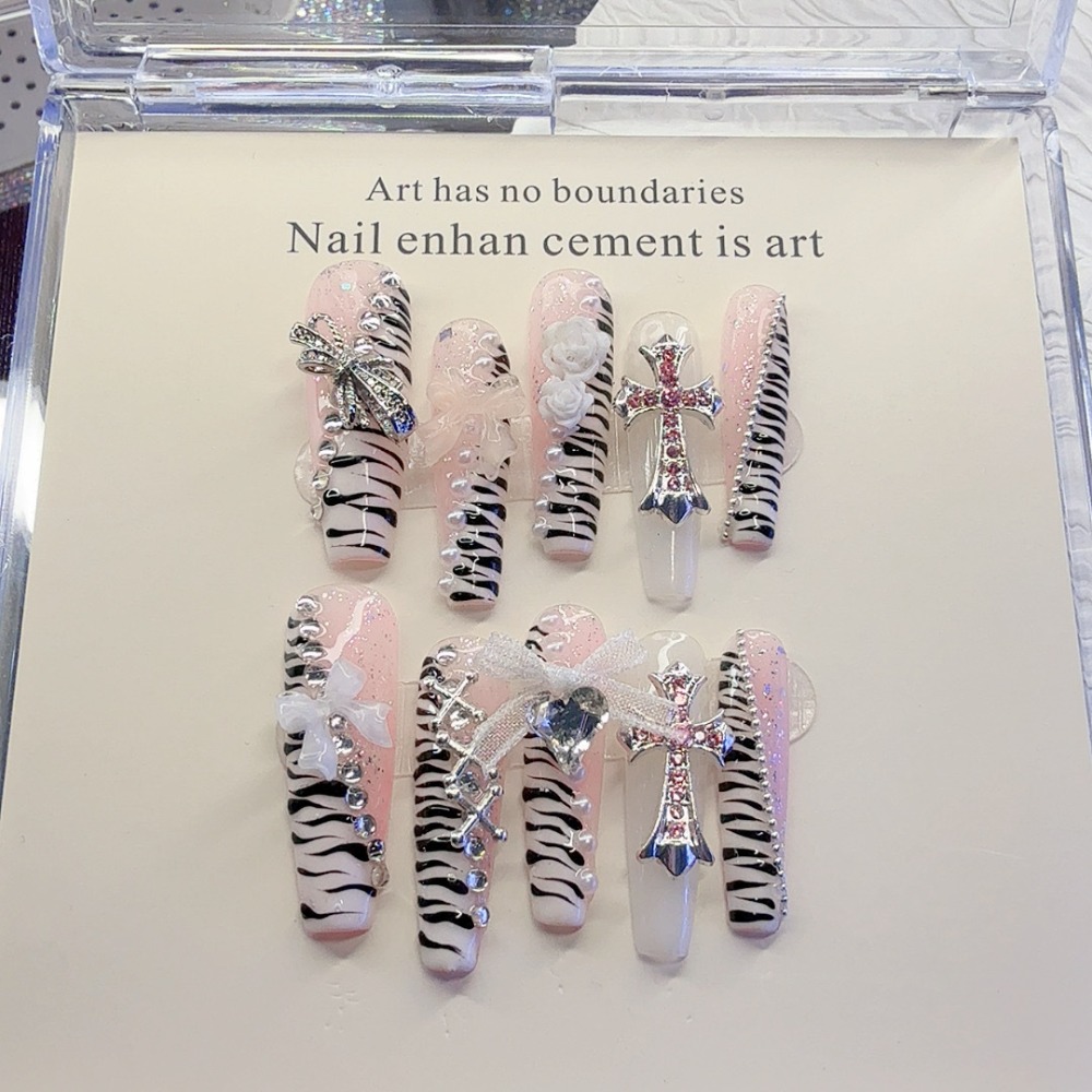 Nail Art Zebra - 10 Pezzi Unghie Finte Y2K Rosa